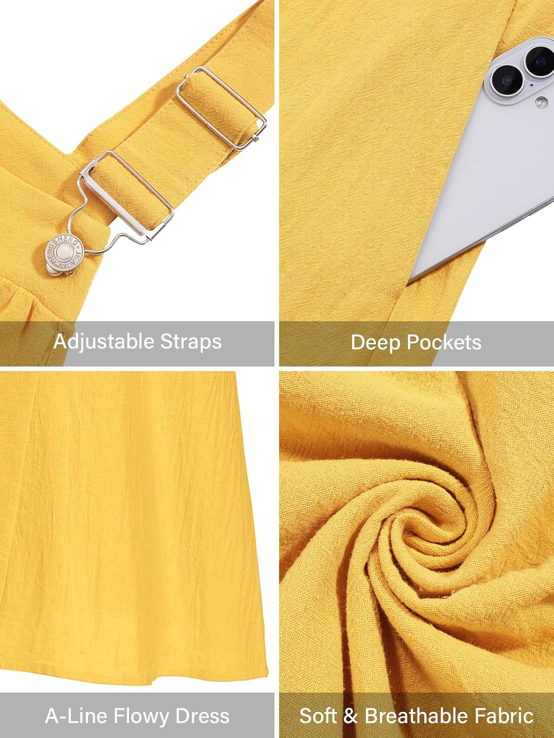 Close-up of yellow overall dress: adjustable straps, deep pockets, soft cotton fabric