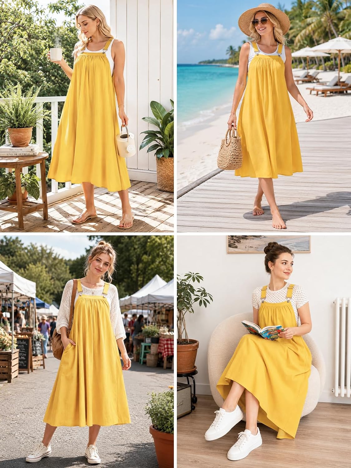 Yellow cotton overall dress with square neckline, gathered waist, and flared midi skirt