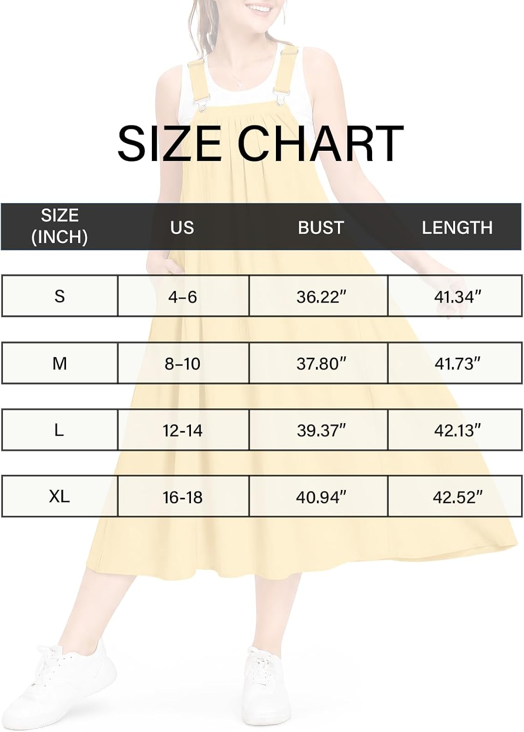Size chart showing measurements for yellow cotton overall dress by size