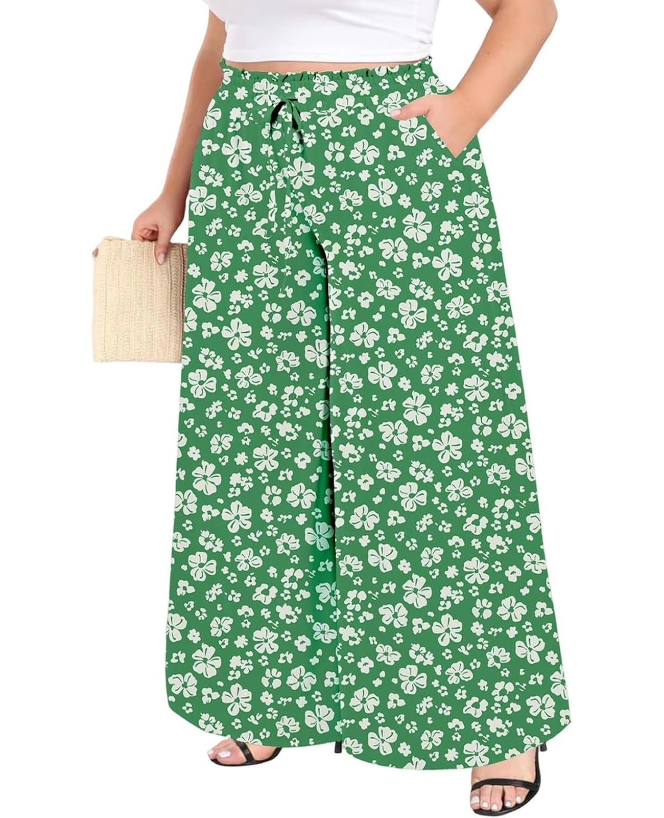 Moon Wood Plus Size Green & White Floral Wide Leg Pants - view 1