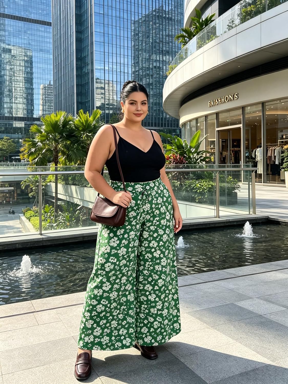 Moon Wood Plus Size Green & White Floral Wide Leg Pants - view 3