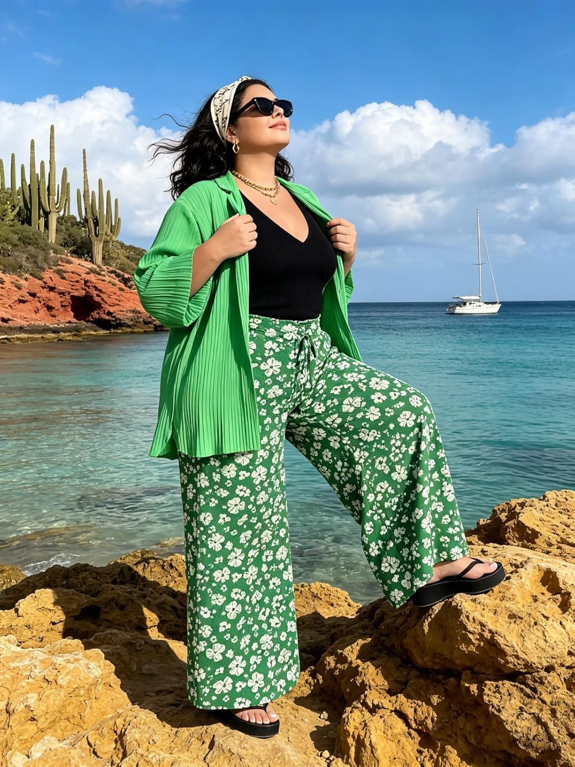 Moon Wood Plus Size Green & White Floral Wide Leg Pants - view 4