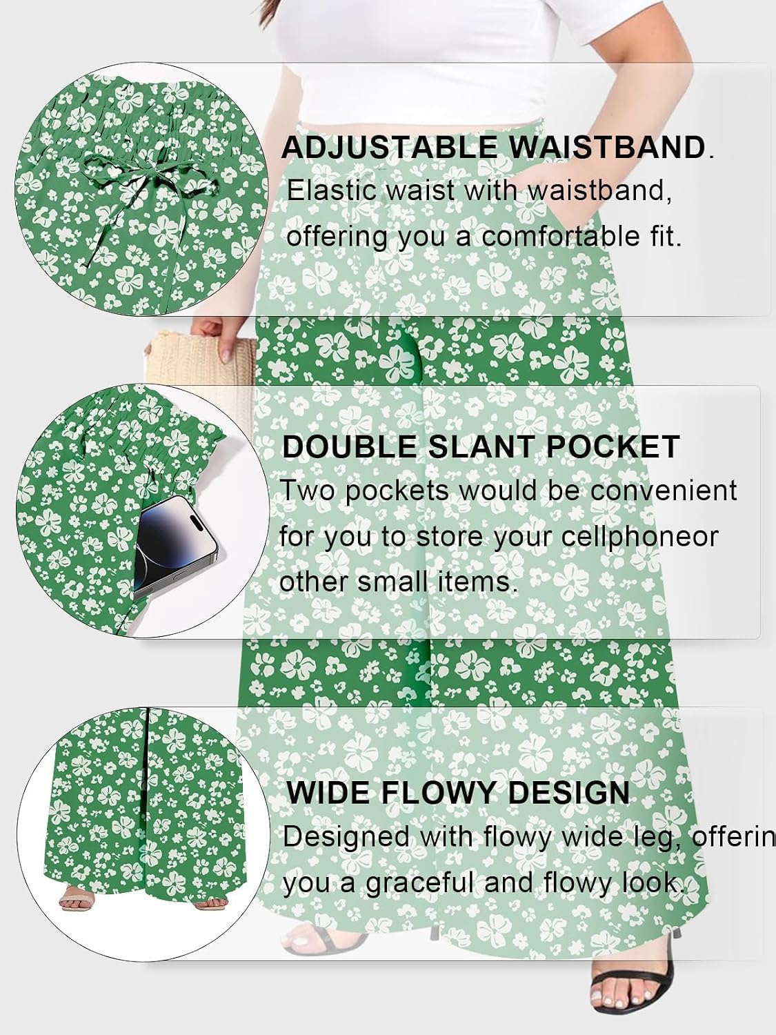 Moon Wood Plus Size Green & White Floral Wide Leg Pants - view 5
