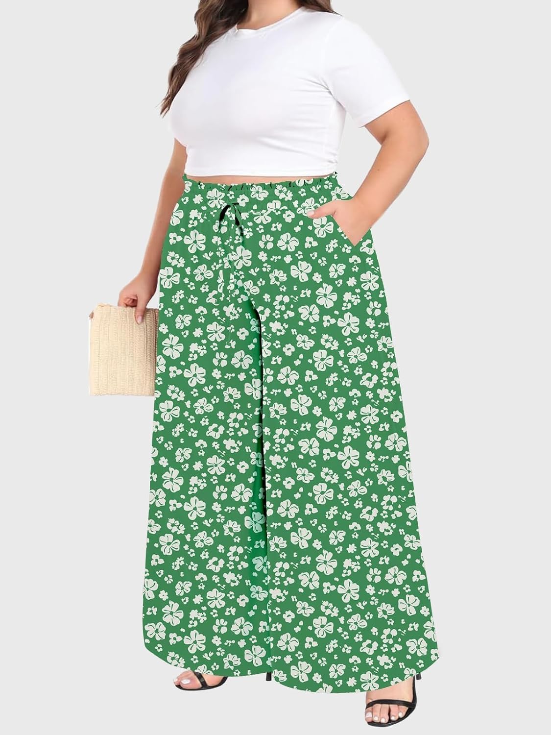 Moon Wood Plus Size Green & White Floral Wide Leg Pants - view 6
