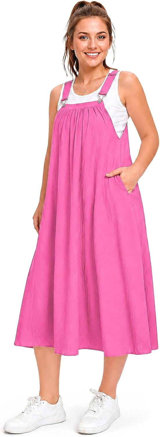 Hot pink A-line cotton overall dress with white-trimmed bib and wide straps