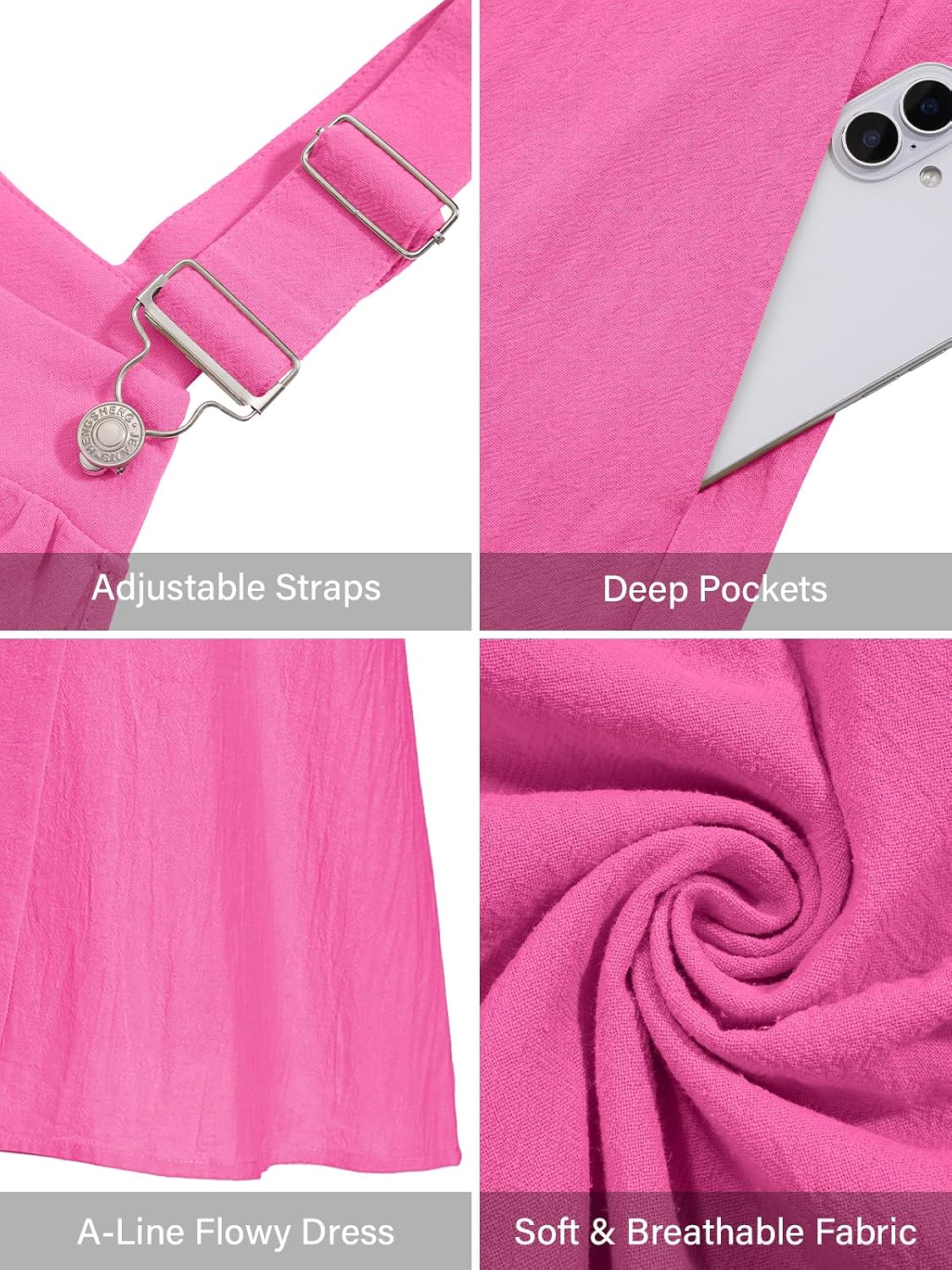 Hot pink cotton overall dress detail: adjustable straps, deep pockets, soft fabric