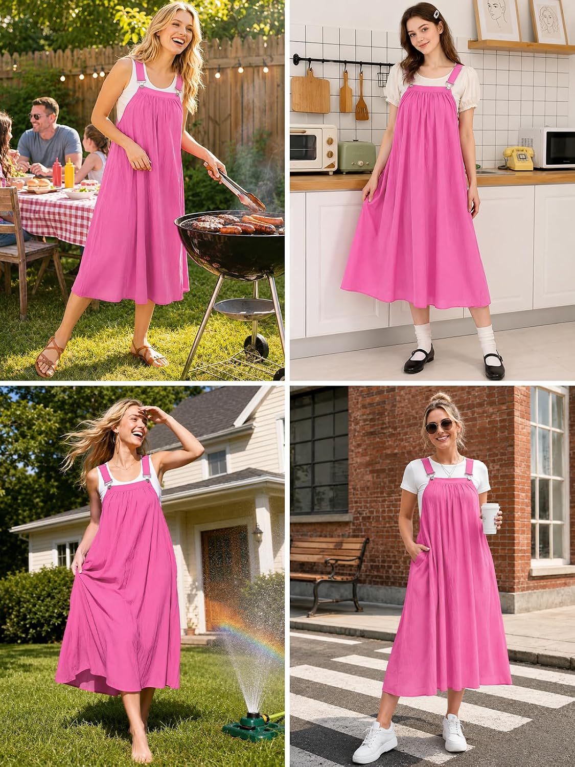 Hot pink cotton overall dress on model, A-line midi length and wide straps