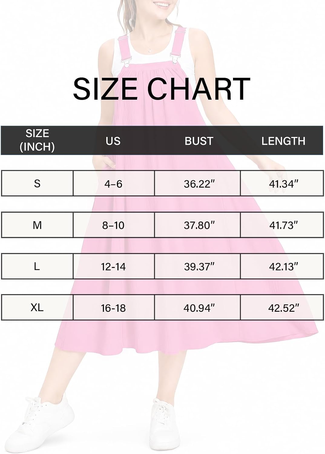Size chart for hot pink cotton overall dress with US sizes S, M, L