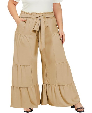 Khaki tiered palazzo pants with drawstring tie waist and side slant pockets