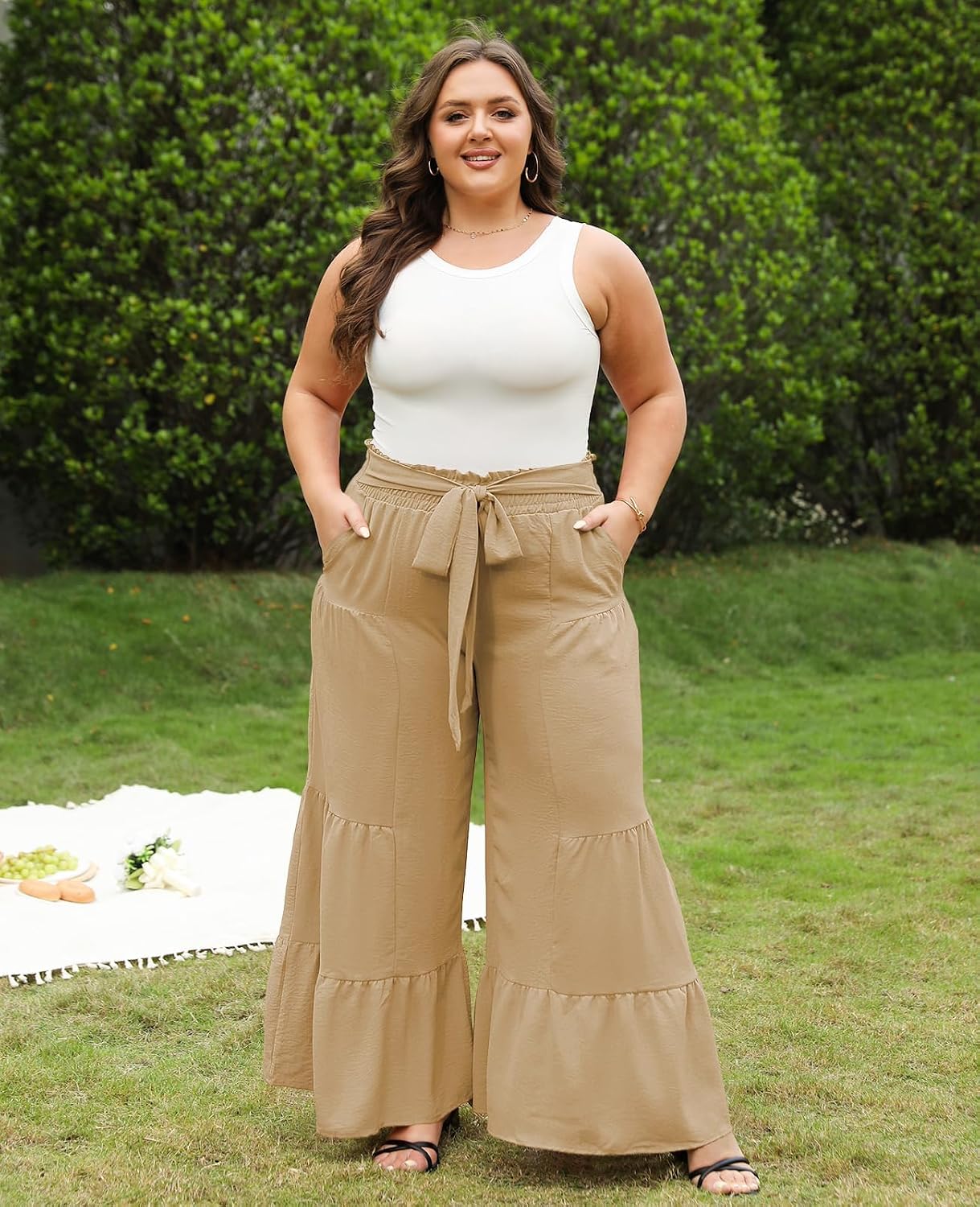 Khaki wide-leg palazzo pants with elastic drawstring waist and tiered ruffles