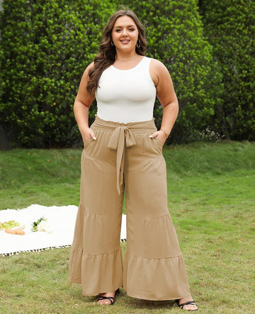 Khaki wide-leg palazzo pants with elastic drawstring waist and tiered ruffles