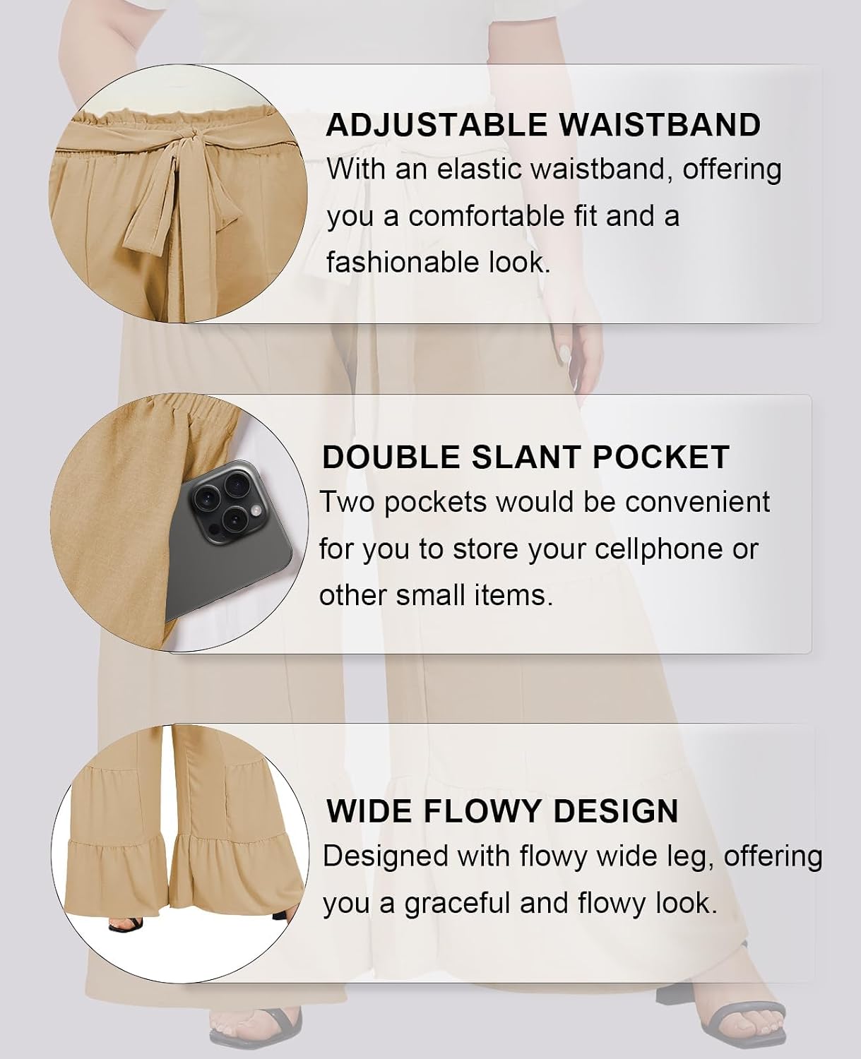 Khaki palazzo pants with elastic tie waist, double slant pockets, and wide tiered legs