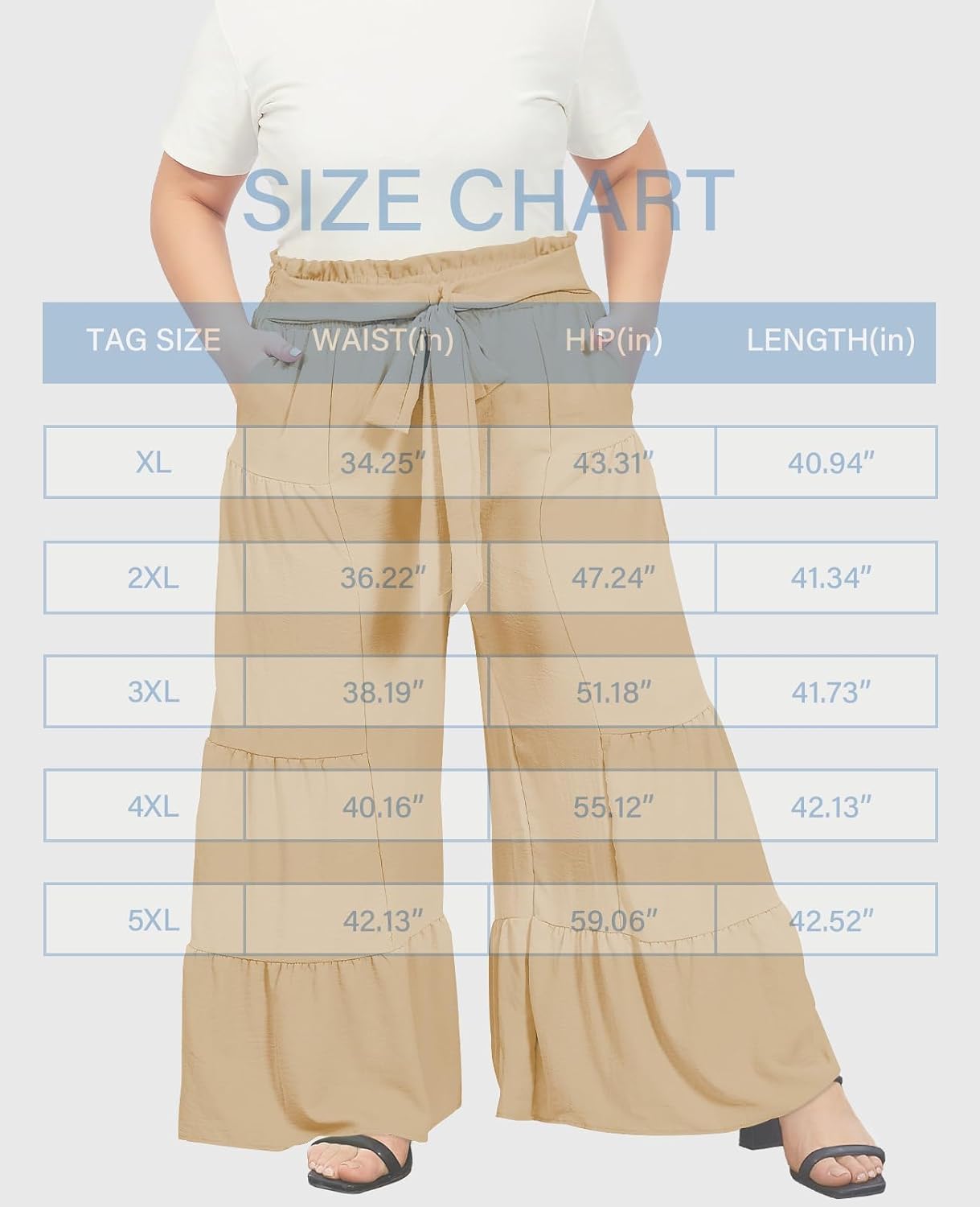 Khaki palazzo pants with elastic drawstring waist and wide tiered legs, size chart view
