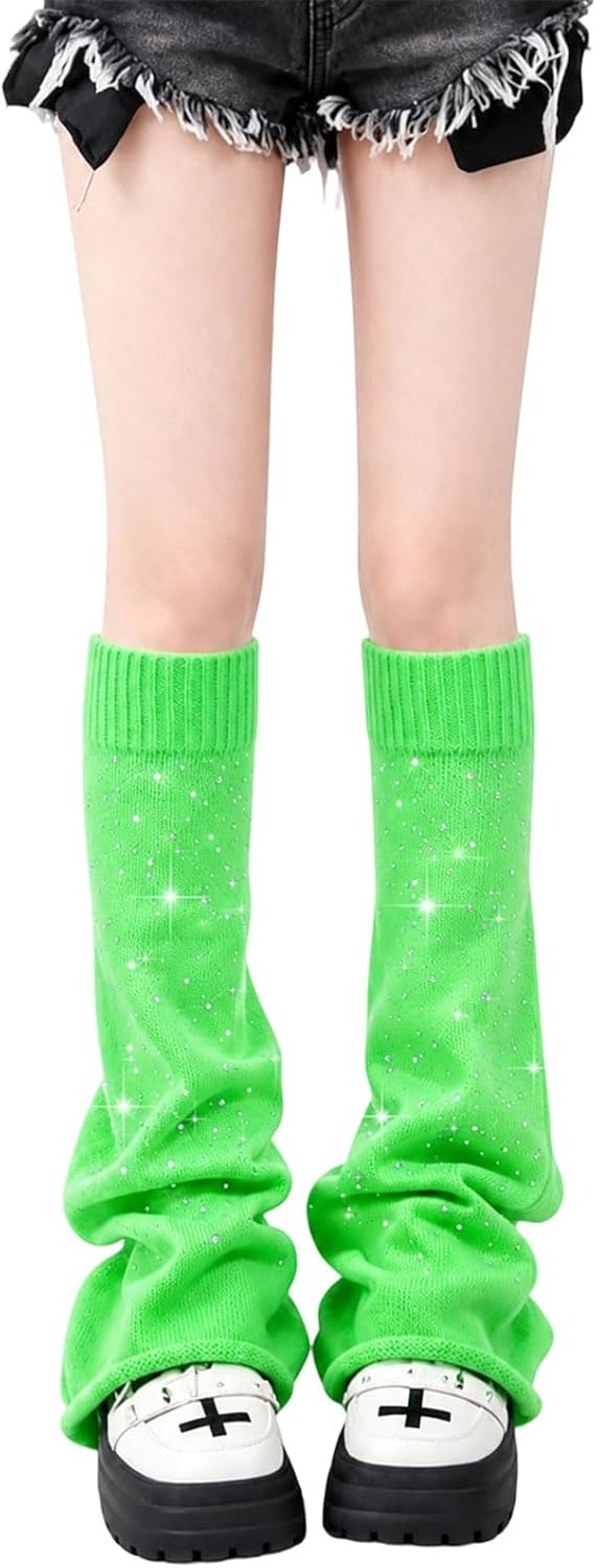 Lime green slouchy leg warmers with glittering rhinestone star sparkle and ribbed cuffs