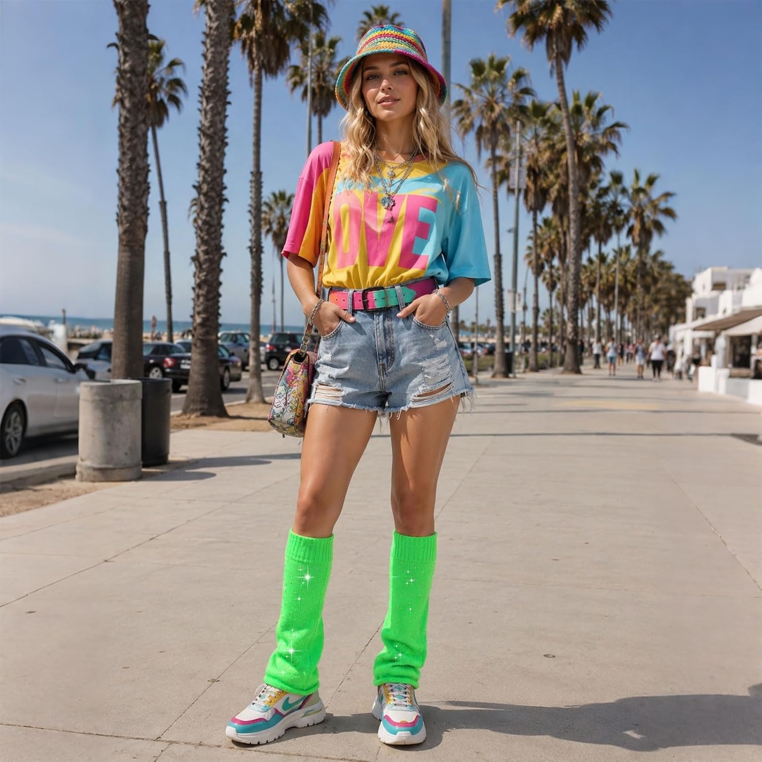 Lime green ribbed-cuff leg warmers with sparkly rhinestone stars, worn with shoes