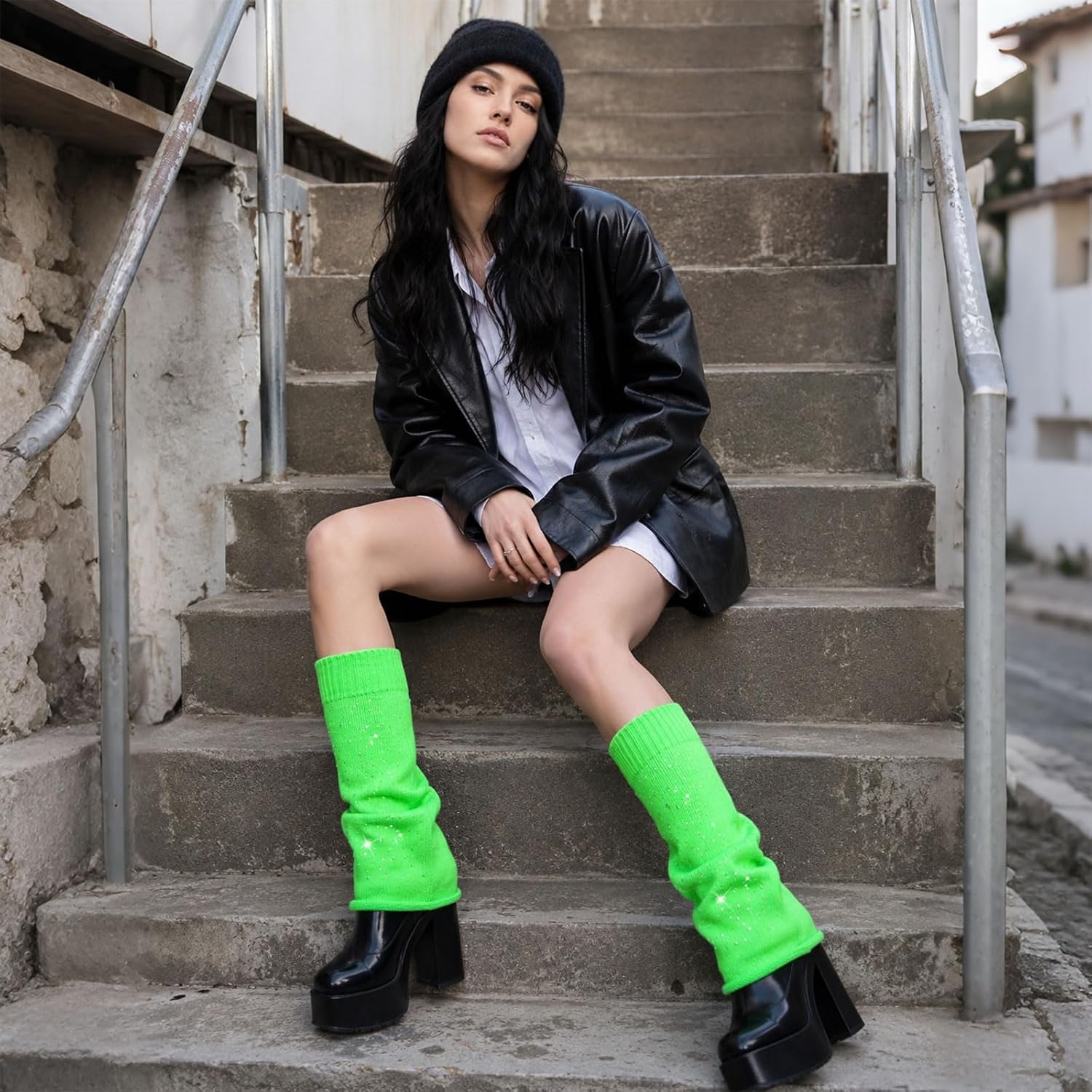 Lime green slouchy knit leg warmers with rhinestone star sparkle and ribbed cuffs