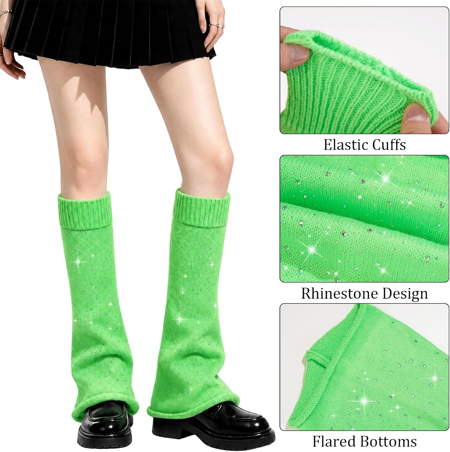 Lime green knit leg warmers with ribbed cuffs, rhinestone sparkle, and flared bottoms