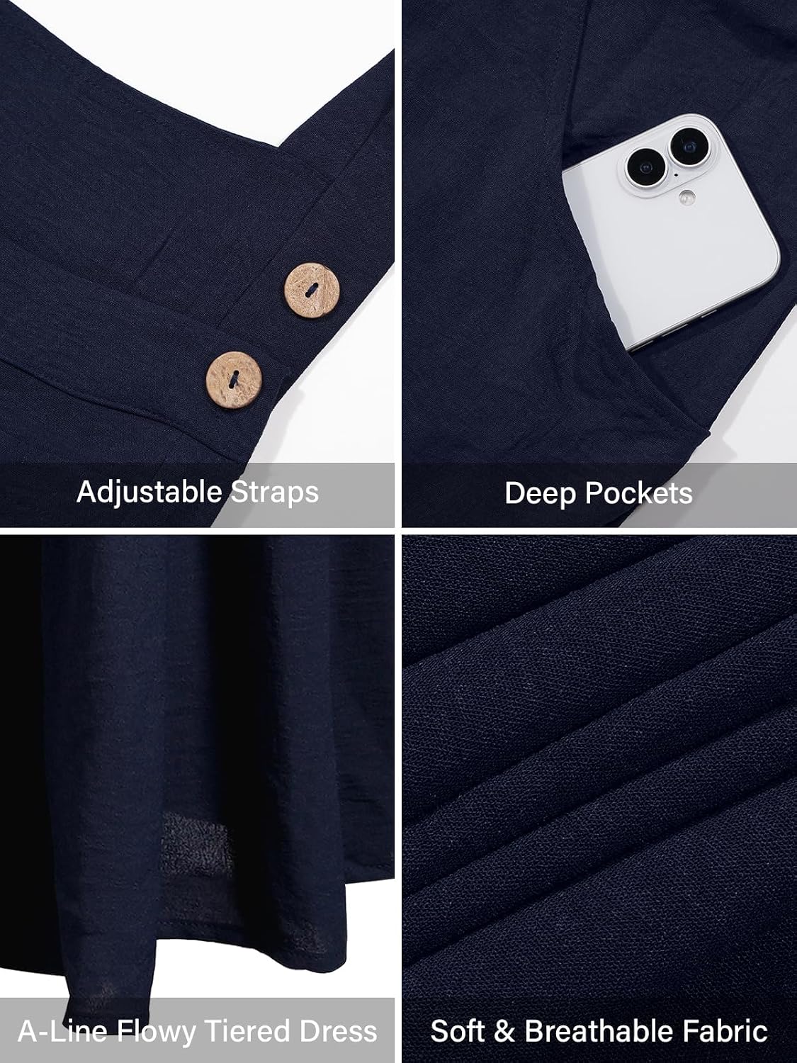 Navy overall dress details: adjustable straps and deep pockets on tiered fabric
