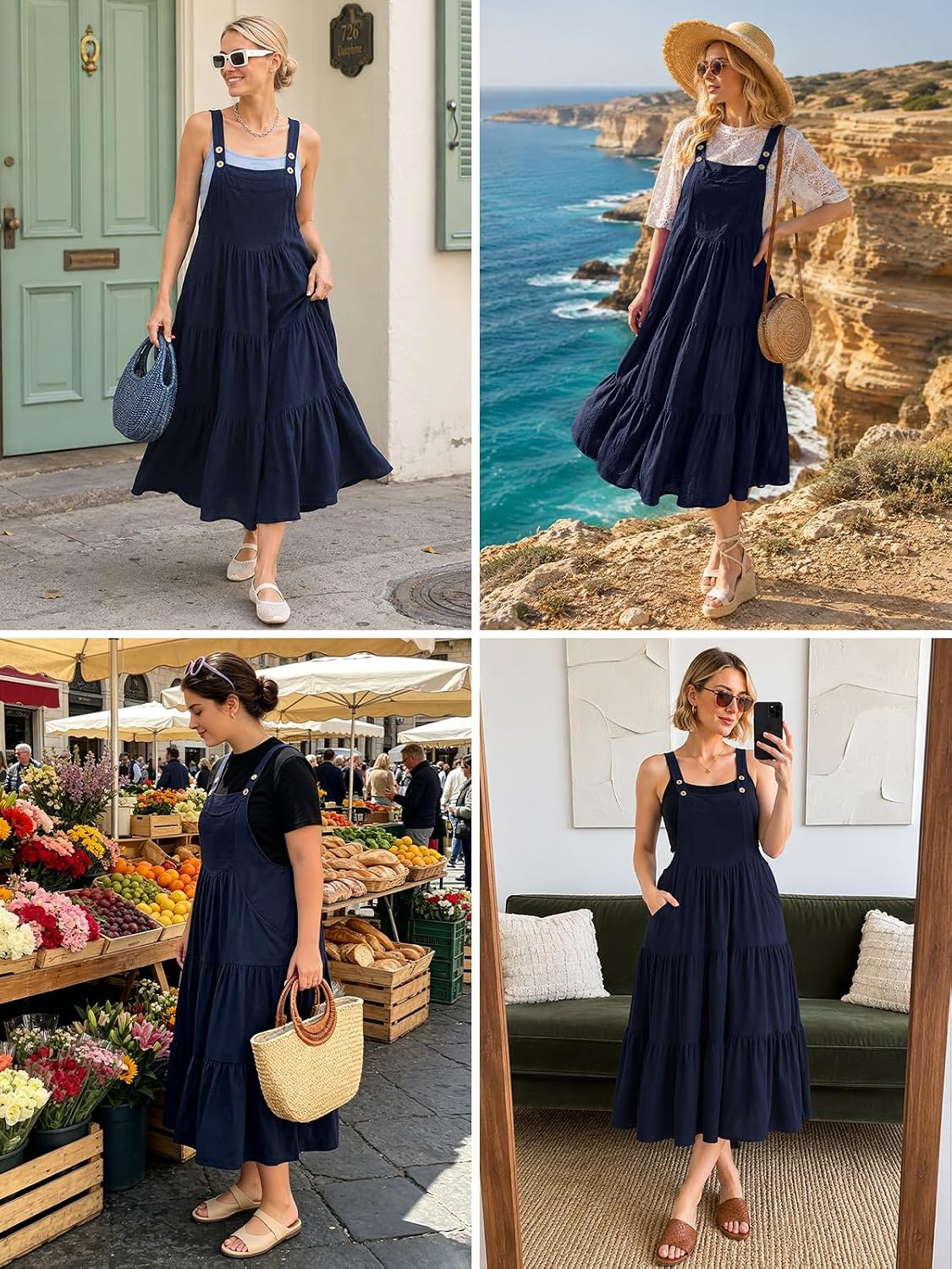 Navy sleeveless tiered midi overall dress with front pockets and adjustable straps