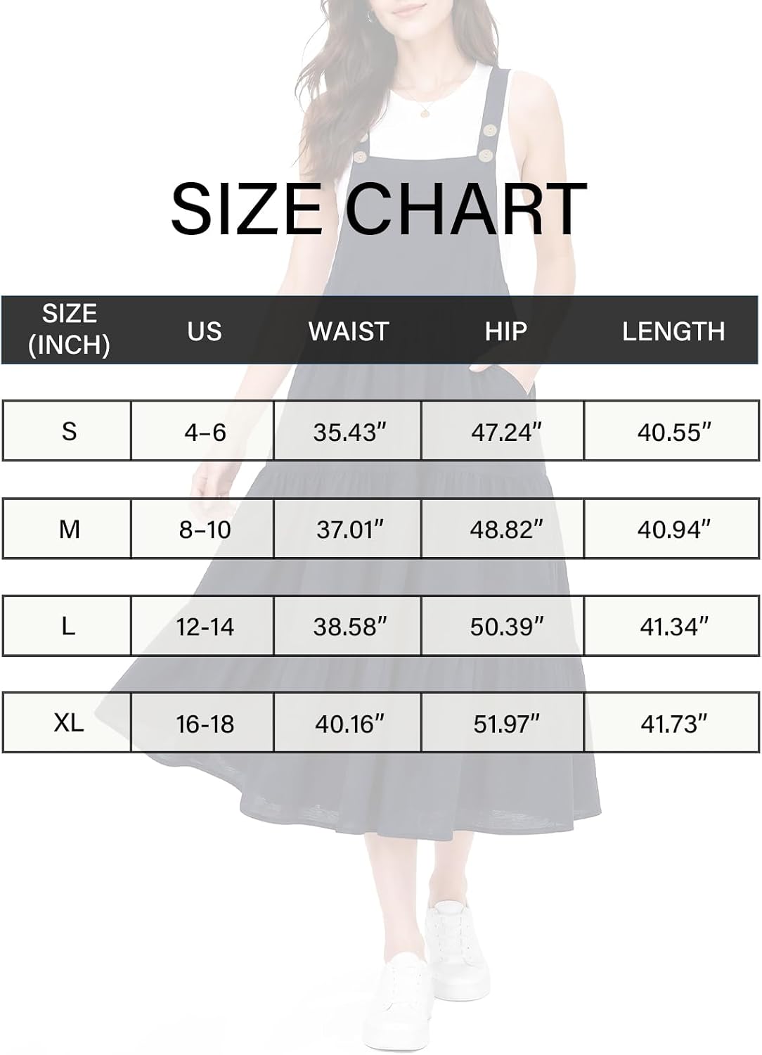 Overall dress size chart showing waist, hip, and length measurements