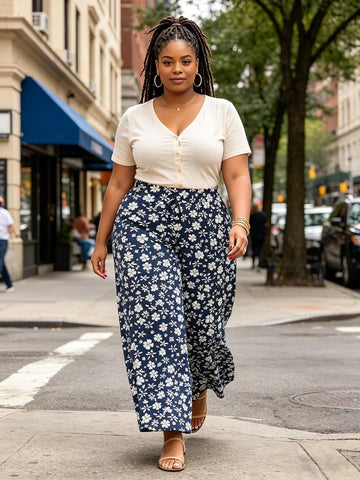 Moon Wood Plus Size Navy & White Floral Wide Leg Pants - view 2