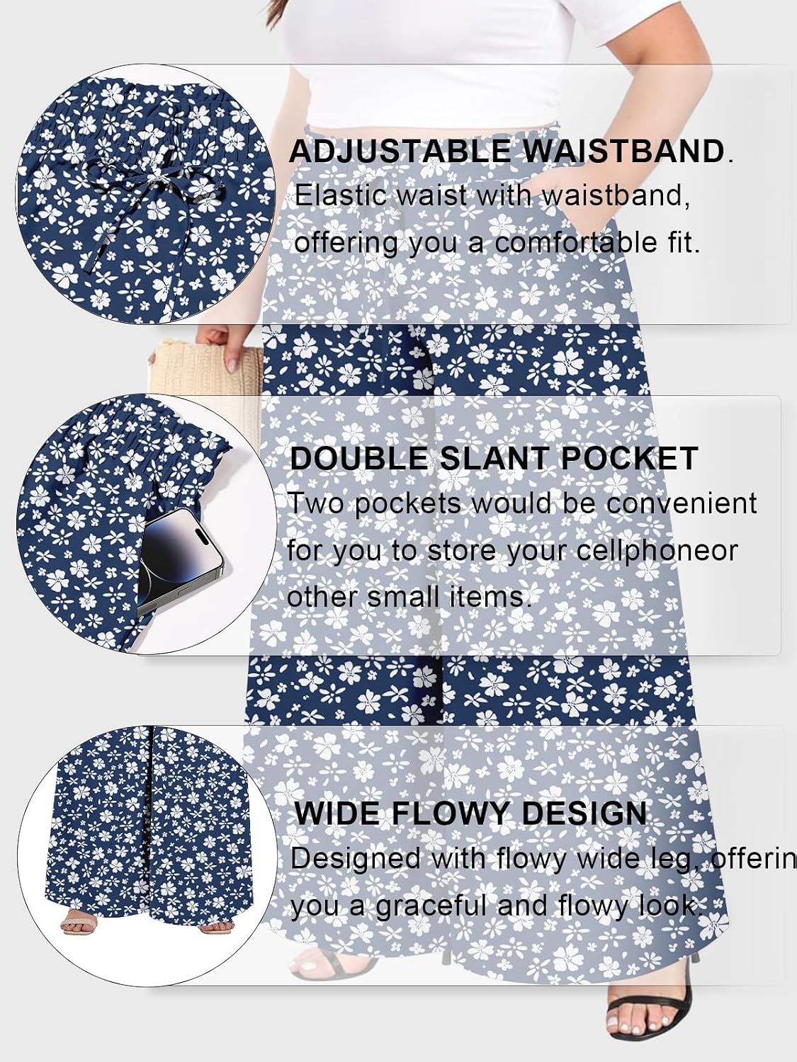 Moon Wood Plus Size Navy & White Floral Wide Leg Pants - view 4