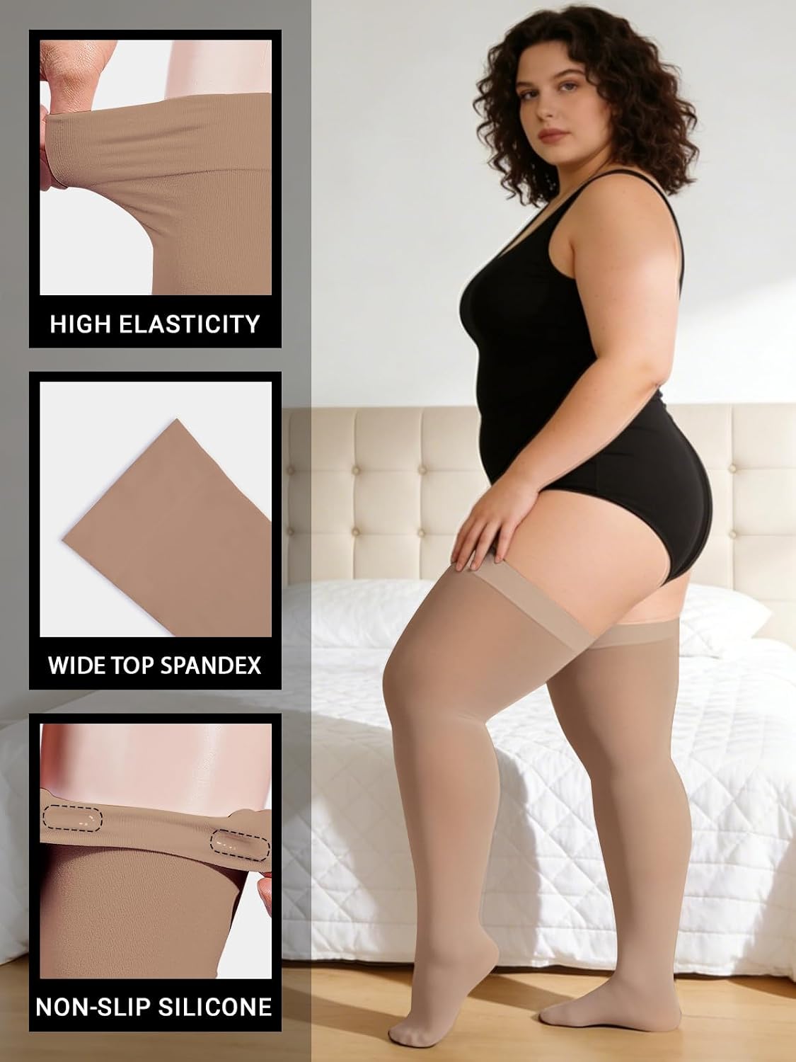 Nude opaque thigh-high stockings with wide top spandex and silicone non-slip grip