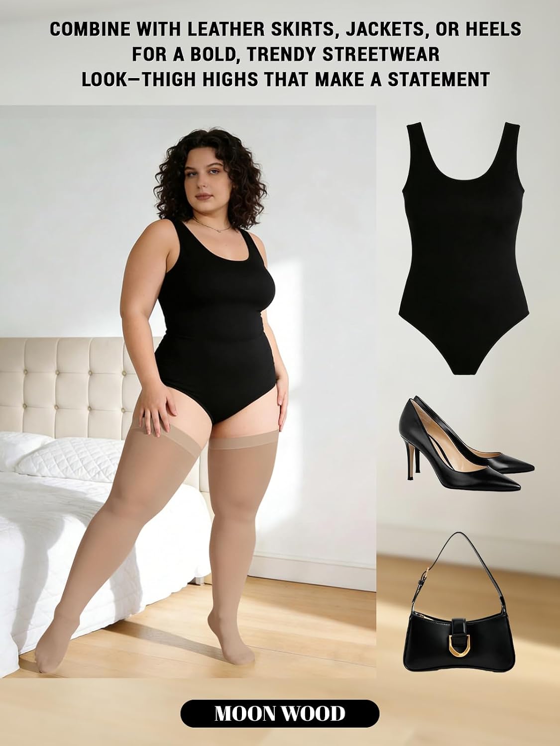 Nude opaque thigh-high stockings for curvy fit, no-slip hold on thighs