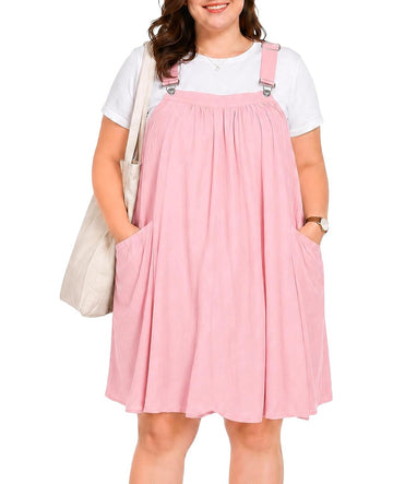 Pink cotton overall dress with adjustable straps, square neckline, side pockets, flared skirt