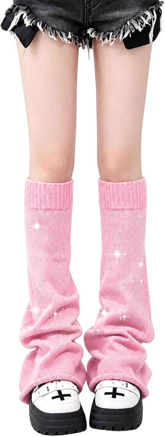 Pink glittery rhinestone leg warmers with ribbed elastic cuffs