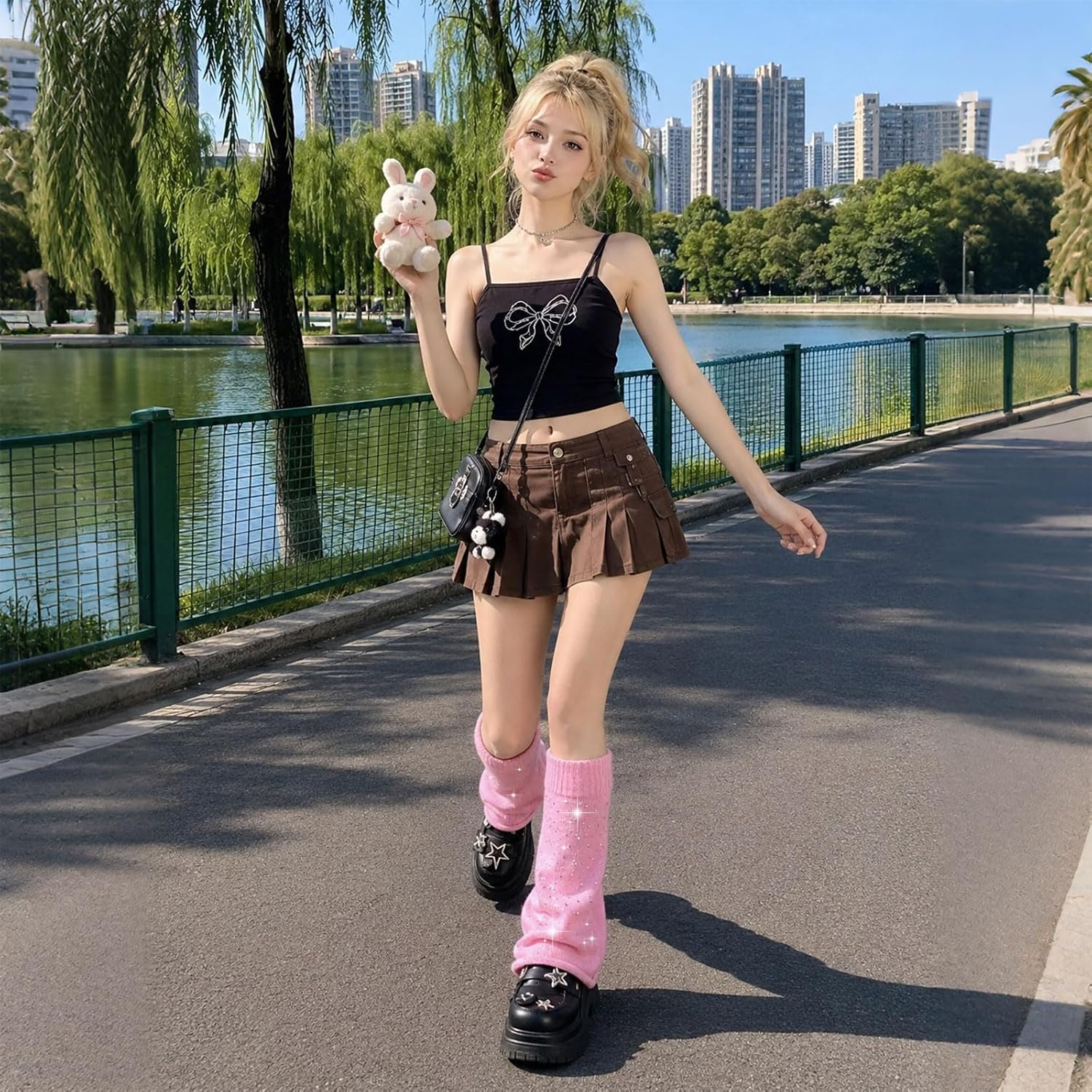 Pink rhinestone slouchy leg warmers worn with black shoes