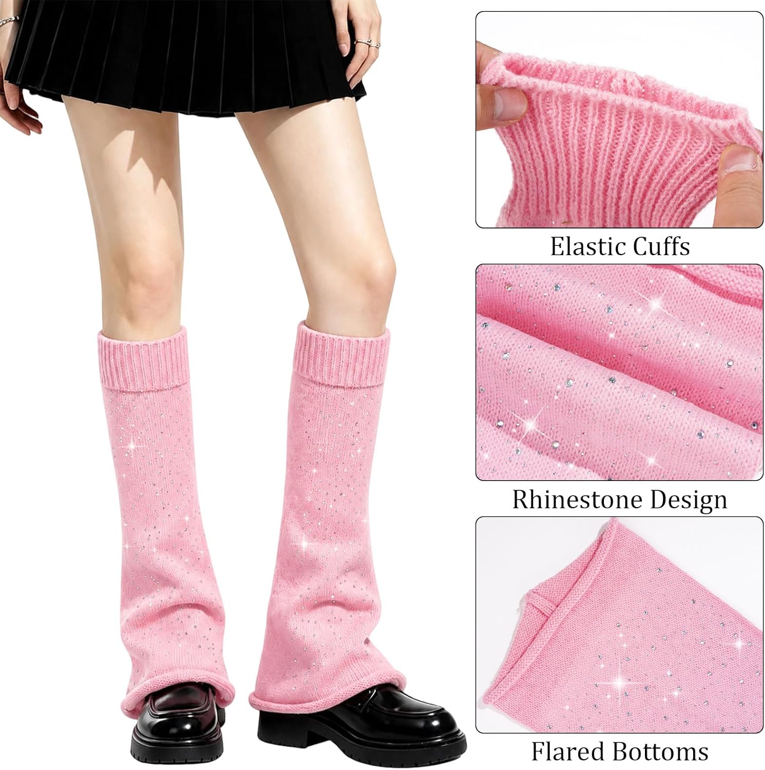 Pink rhinestone leg warmers detail: elastic cuffs and flared knit bottoms
