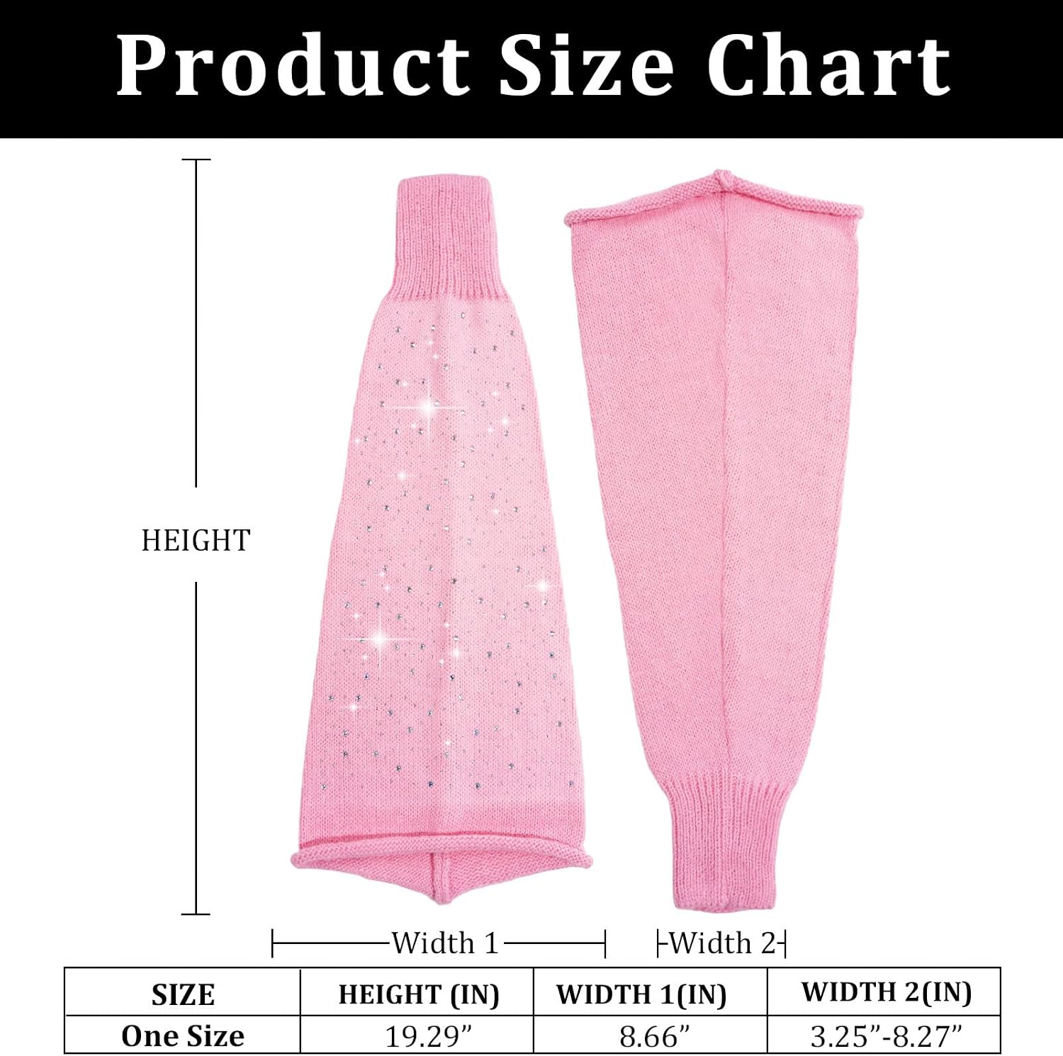 Product size chart for pink rhinestone leg warmers, width and height