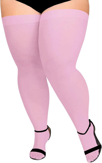 Pink opaque open-toe thigh-high stockings on legs, plus-size fit