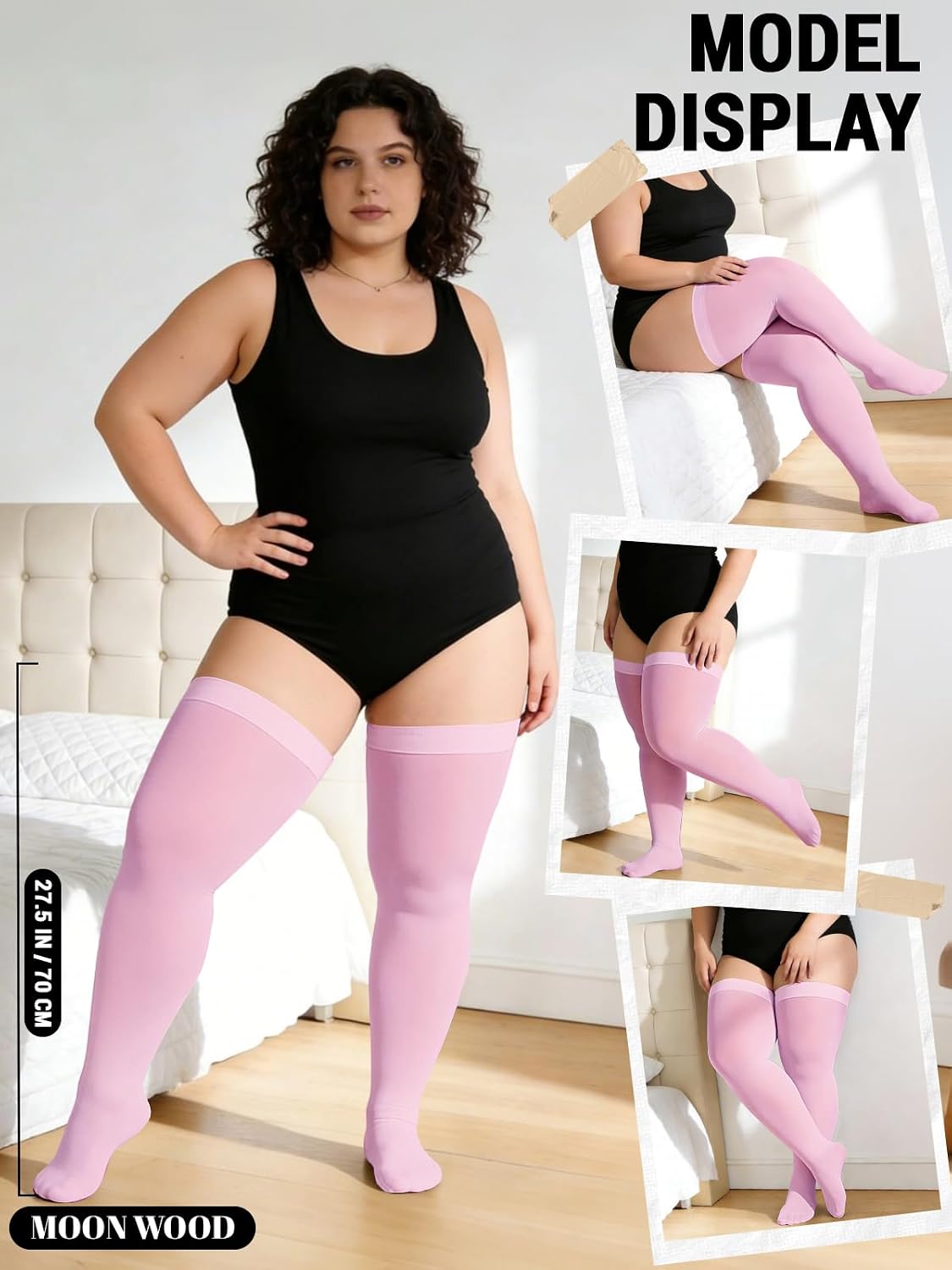 Pink opaque open-toe thigh-high stockings with wide top on plus-size model