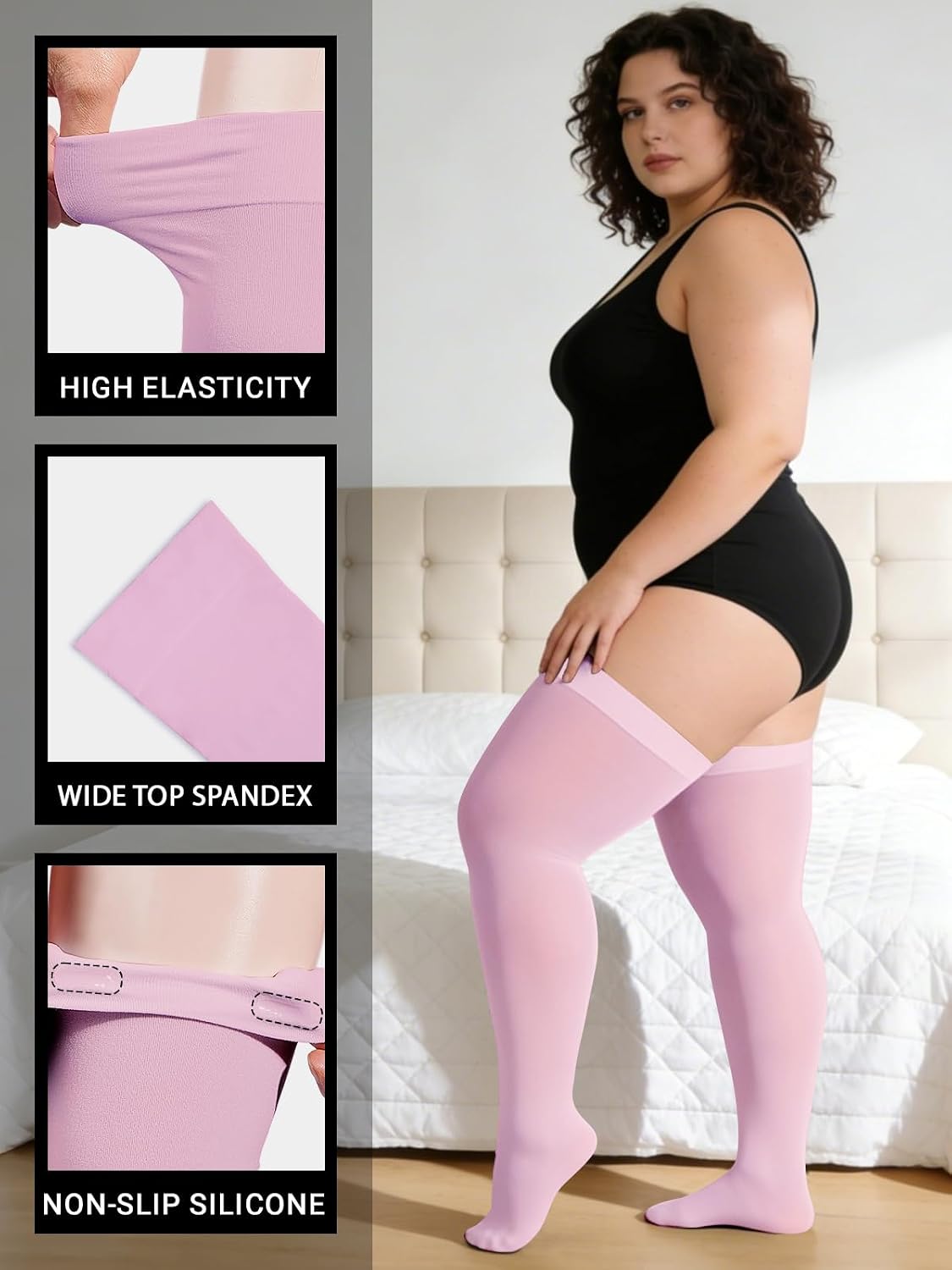 Pink opaque open-toe thigh-high stockings with wide top and silicone grip