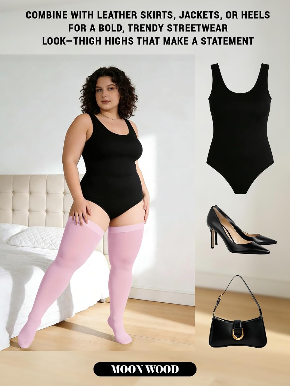 Pink opaque open-toe thigh-high stockings on plus-size model with black outfit
