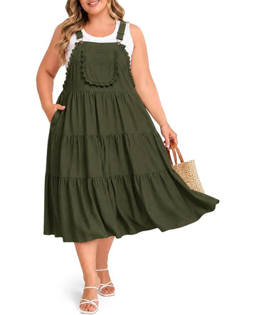 Moon Wood Plus Size Army Green Overall Dress with Pockets - view 1