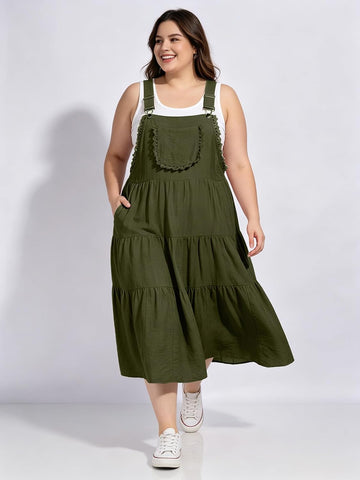 Moon Wood Plus Size Army Green Overall Dress with Pockets - view 2