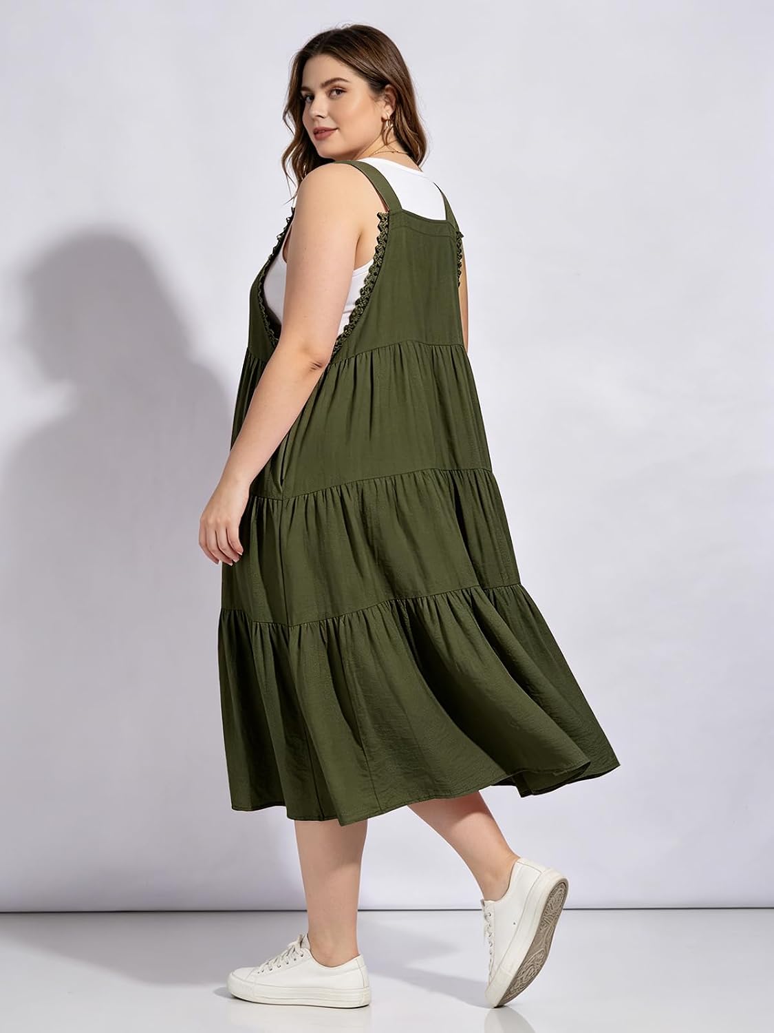 Moon Wood Plus Size Army Green Overall Dress with Pockets - view 3