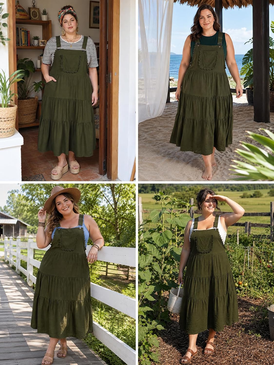 Moon Wood Plus Size Army Green Overall Dress with Pockets - view 5