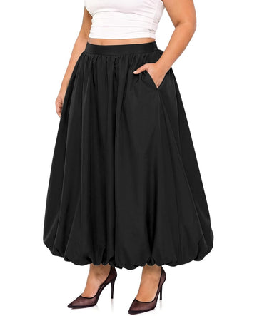 Moon Wood Plus Size Bubble Maxi Skirt with Pockets Puffy Hemline - Black - view 1
