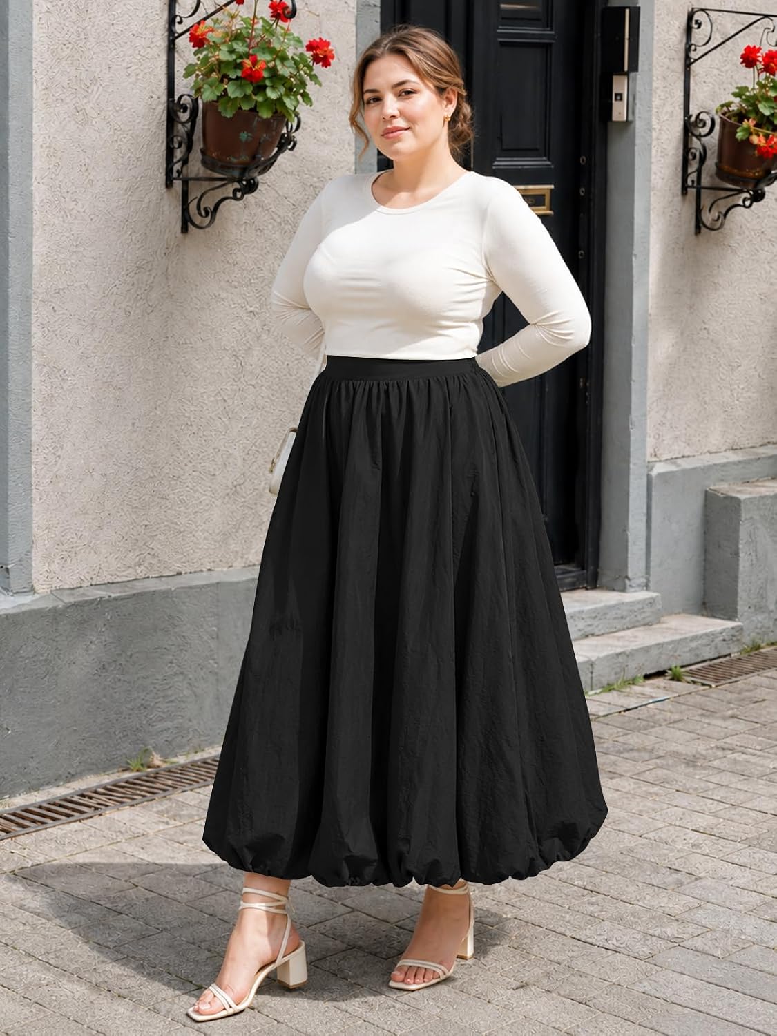 Moon Wood Plus Size Bubble Maxi Skirt with Pockets Puffy Hemline - Black - view 2