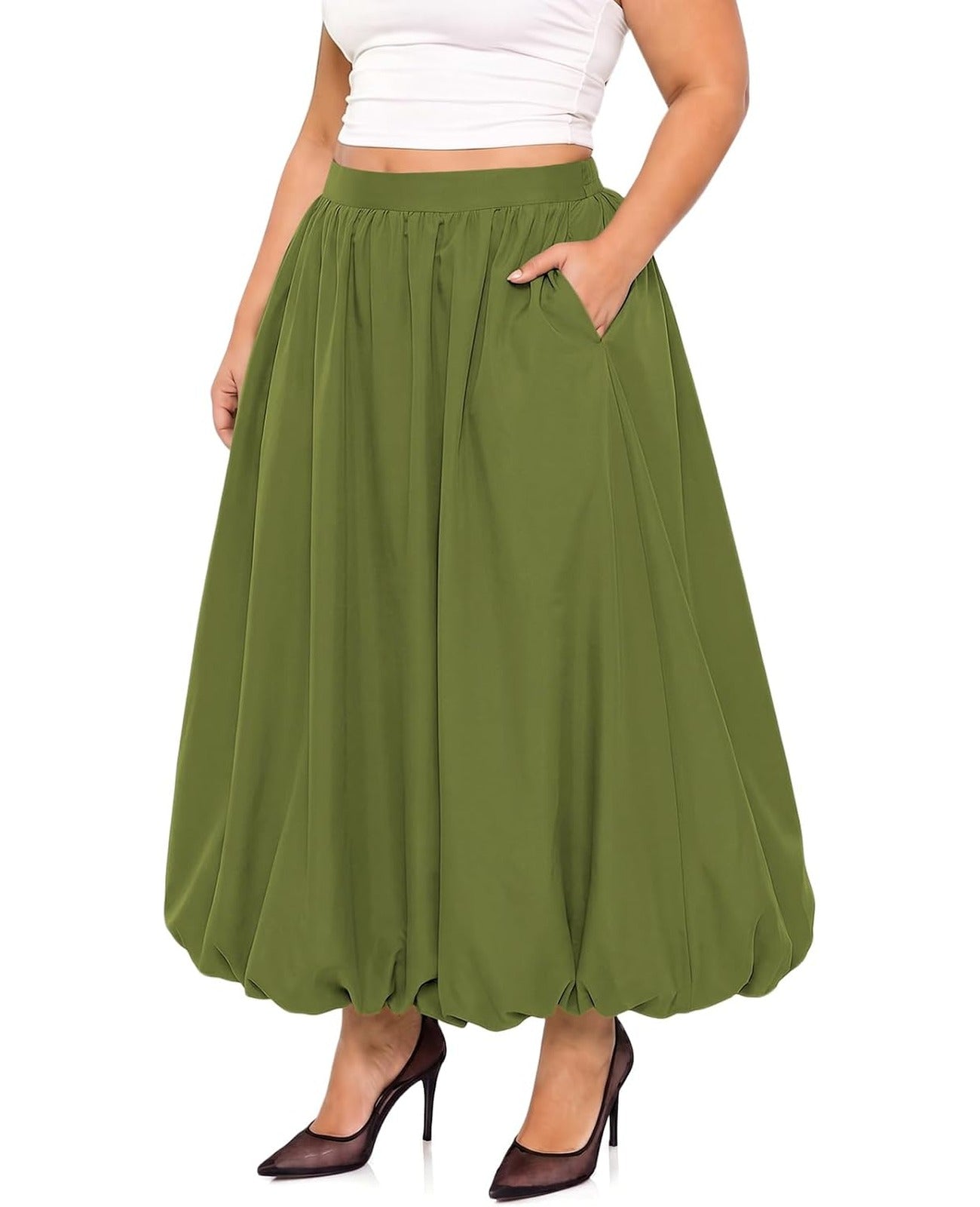 Moon Wood Plus Size Bubble Maxi Skirt with Pockets Puffy Hemline - Green - view 1