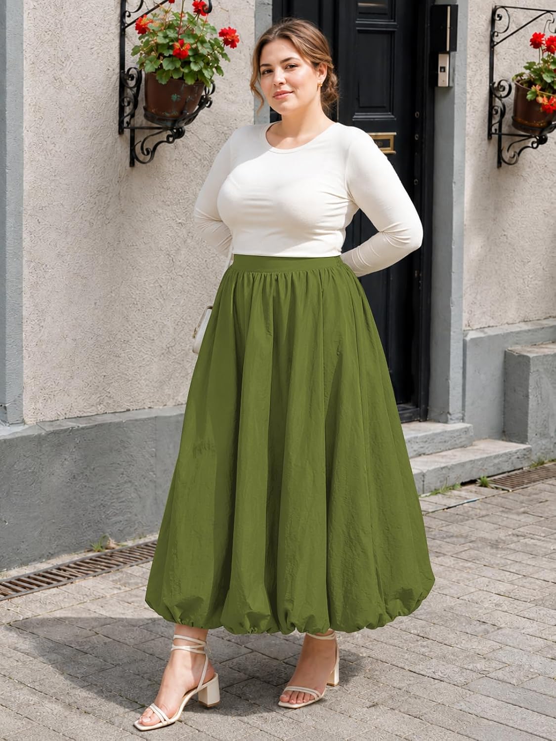 Moon Wood Plus Size Bubble Maxi Skirt with Pockets Puffy Hemline - Green - view 2