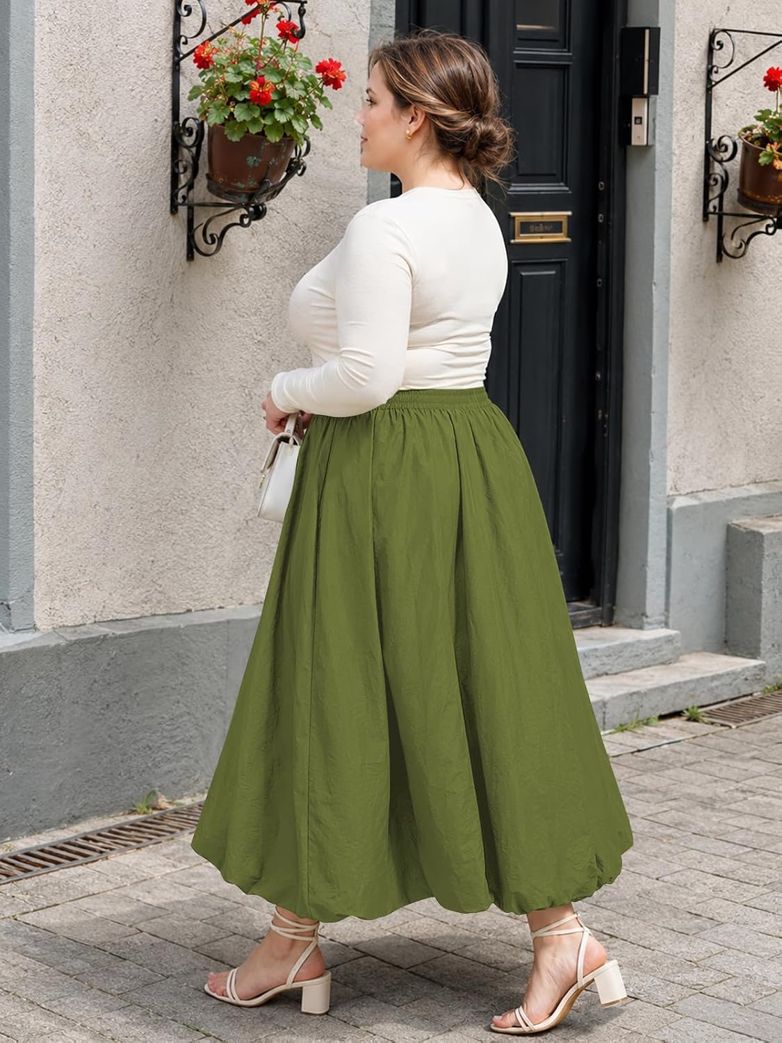 Moon Wood Plus Size Bubble Maxi Skirt with Pockets Puffy Hemline - Green - view 4