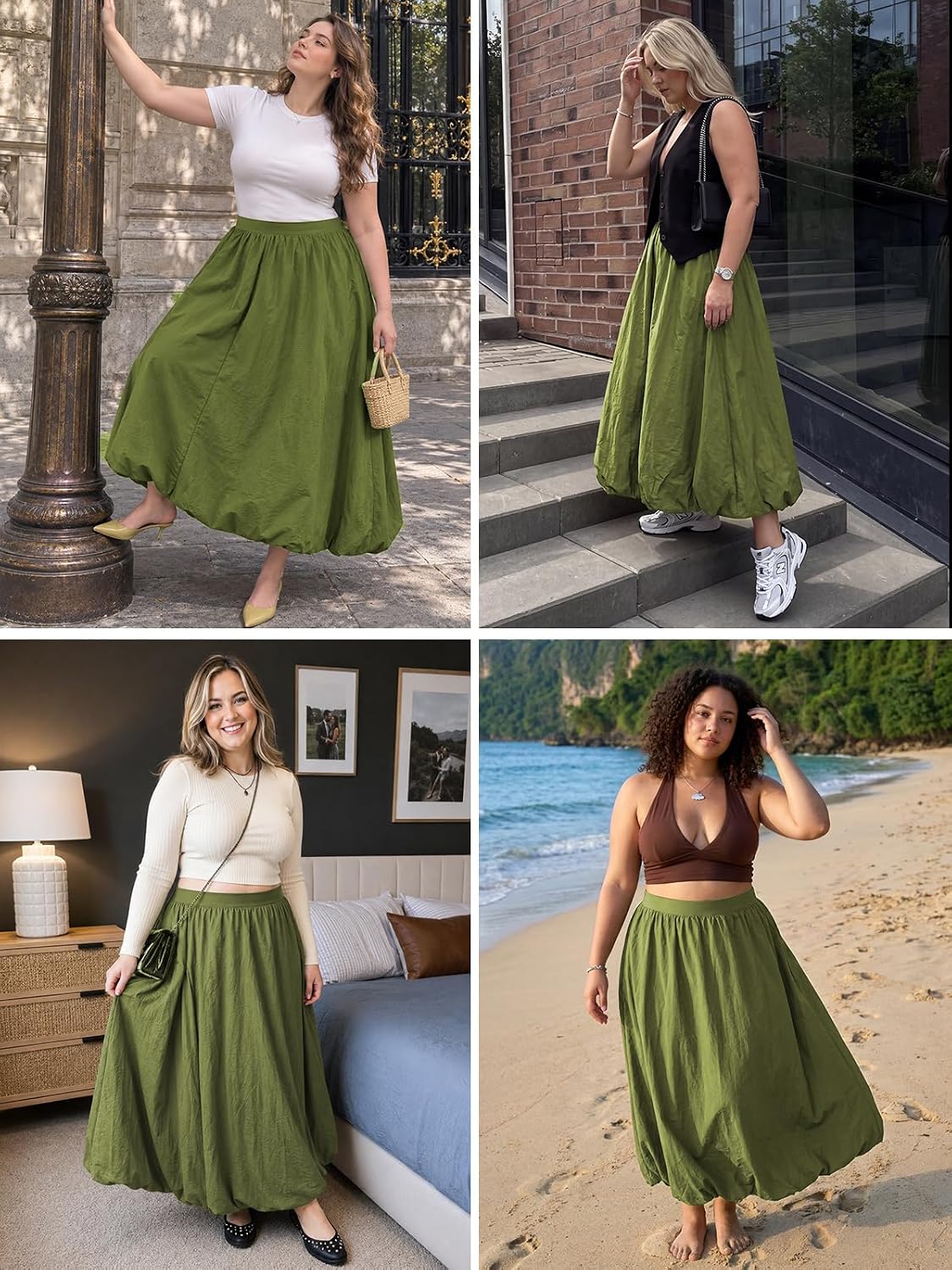 Moon Wood Plus Size Bubble Maxi Skirt with Pockets Puffy Hemline - Green - view 6