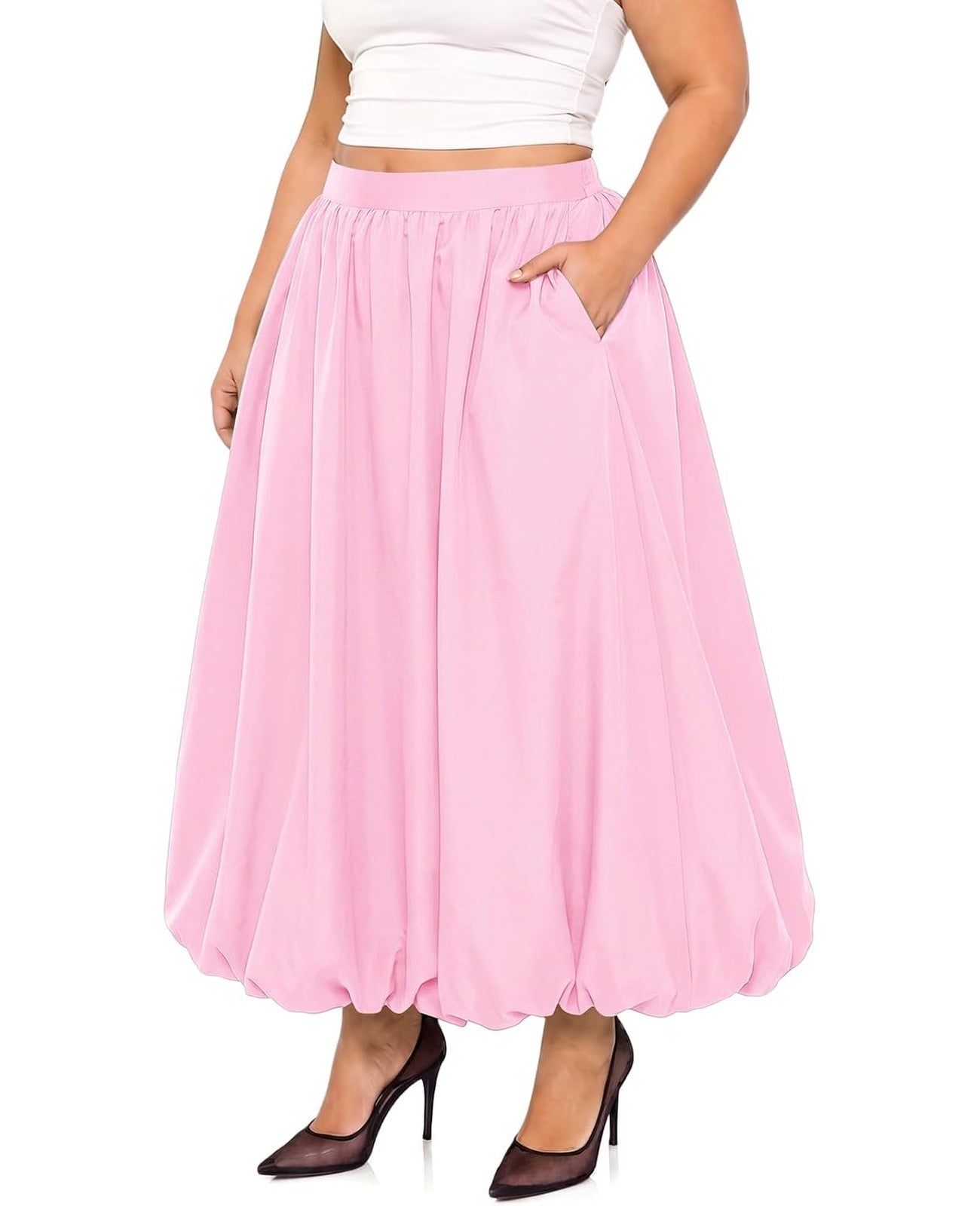 Moon Wood Plus Size Bubble Maxi Skirt with Pockets Puffy Hemline - Light Pink - view 1