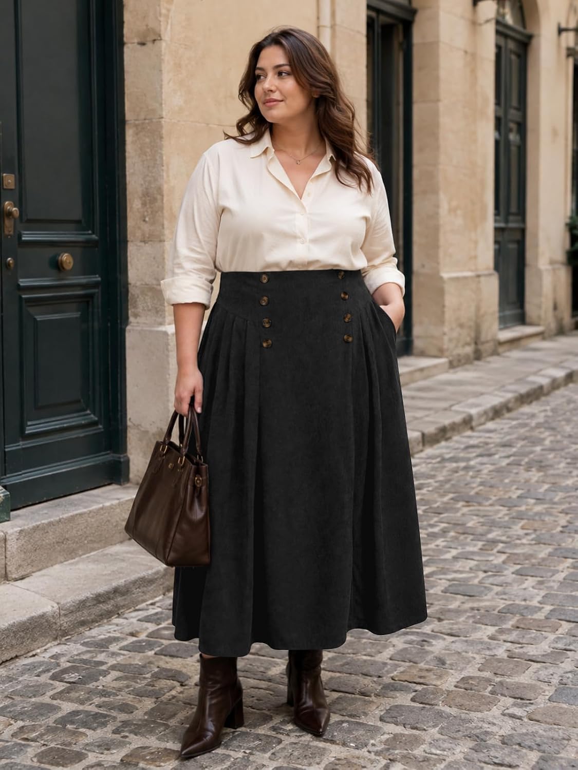 Moon Wood Plus Size Corduroy Maxi Skirt with Pockets - Black - view 2