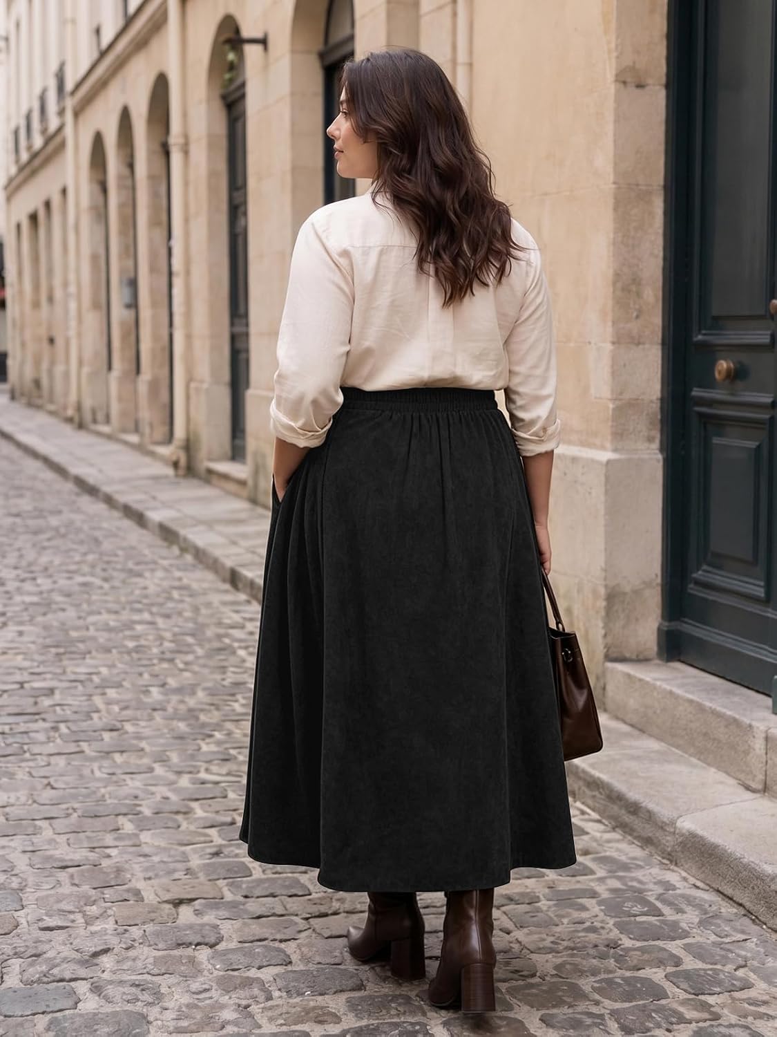 Moon Wood Plus Size Corduroy Maxi Skirt with Pockets - Black - view 3